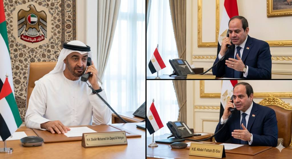 Image for illustrative purposes only - President of the UAE, Sheikh Mohamed bin Zayed Al Nahyan, and the President of Egypt, Abdel Fattah El-Sisi, engaged in a serious and professional phone call. Image generated using AI (Gemini by Google)
